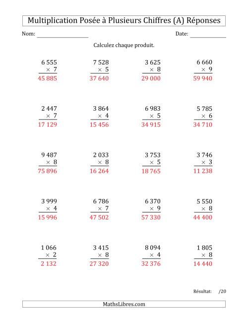 Multiplication d'un Nombre à 4 Chiffres par un Nombre à 1 Chiffre avec une Espace comme Séparateur de Milliers (A) page 2