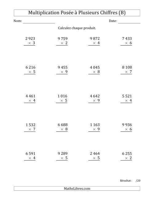 Multiplication d'un Nombre à 4 Chiffres par un Nombre à 1 Chiffre avec une Espace comme Séparateur de Milliers (B)