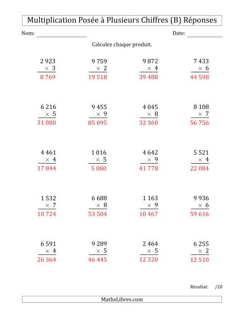 Multiplication d'un Nombre à 4 Chiffres par un Nombre à 1 Chiffre avec une Espace comme Séparateur de Milliers (B) page 2