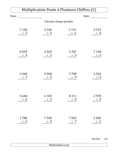 Multiplication d'un Nombre à 4 Chiffres par un Nombre à 1 Chiffre avec une Espace comme Séparateur de Milliers (C)