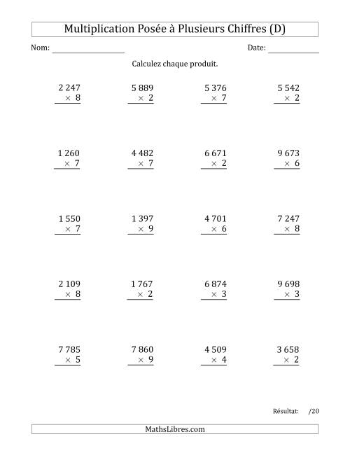 Multiplication d'un Nombre à 4 Chiffres par un Nombre à 1 Chiffre avec une Espace comme Séparateur de Milliers (D)