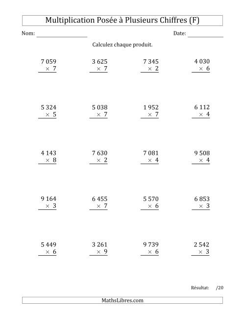 Multiplication d'un Nombre à 4 Chiffres par un Nombre à 1 Chiffre avec une Espace comme Séparateur de Milliers (F)