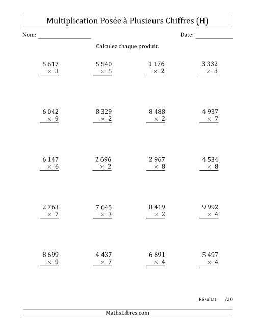 Multiplication d'un Nombre à 4 Chiffres par un Nombre à 1 Chiffre avec une Espace comme Séparateur de Milliers (H)