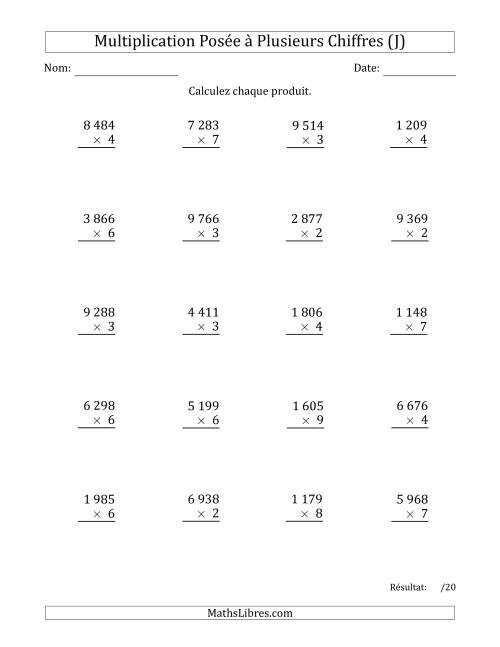 Multiplication d'un Nombre à 4 Chiffres par un Nombre à 1 Chiffre avec une Espace comme Séparateur de Milliers (J)