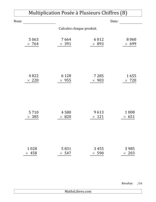 Multiplication d'un Nombre à 4 Chiffres par un Nombre à 3 Chiffres avec une Espace comme Séparateur de Milliers (B)