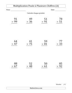 Multiplication d'un Nombre à 2 Chiffres par un Nombre à 2 Chiffres (Gros Caractère) avec une Espace comme Séparateur de Milliers