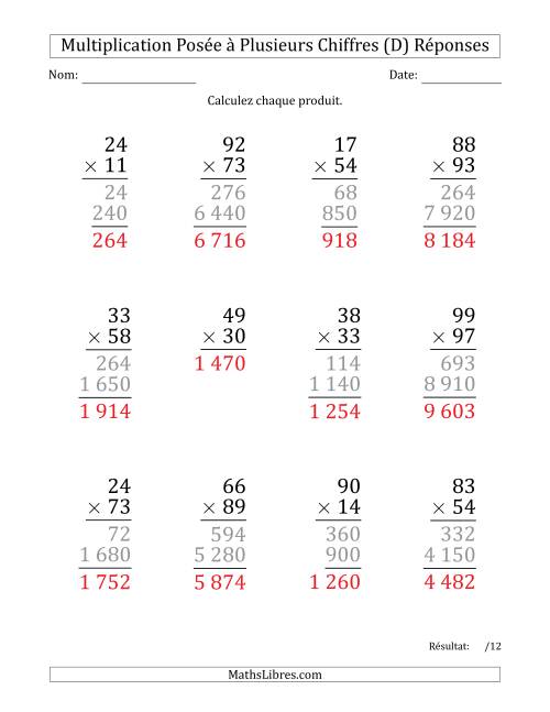 Multiplication d'un Nombre à 2 Chiffres par un Nombre à 2 Chiffres (Gros Caractère) avec une Espace comme Séparateur de Milliers (D) page 2