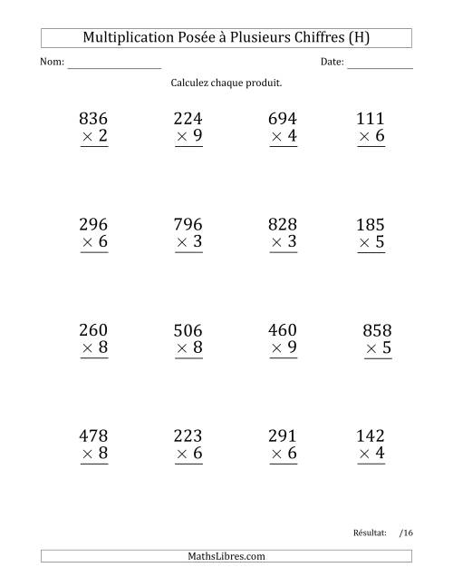 Multiplication d'un Nombre à 3 Chiffres par un Nombre à 1 Chiffre (Gros Caractère) avec une Espace comme Séparateur de Milliers (H)