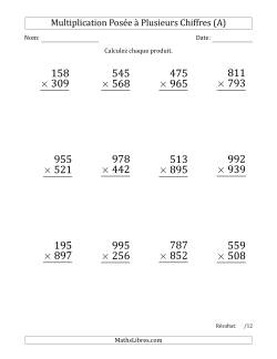 Multiplication d'un Nombre à 3 Chiffres par un Nombre à 3 Chiffres (Gros Caractère) avec une Espace comme Séparateur de Milliers