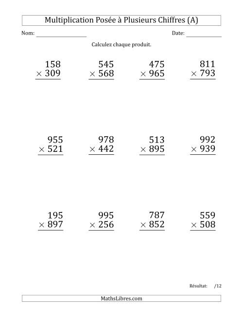 Multiplication d'un Nombre à 3 Chiffres par un Nombre à 3 Chiffres (Gros Caractère) avec une Espace comme Séparateur de Milliers (A)
