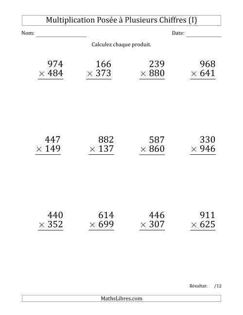 Multiplication d'un Nombre à 3 Chiffres par un Nombre à 3 Chiffres (Gros Caractère) avec une Espace comme Séparateur de Milliers (I)