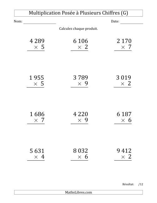 Multiplication d'un Nombre à 4 Chiffres par un Nombre à 1 Chiffre (Gros Caractère) avec une Espace comme Séparateur de Milliers (G)