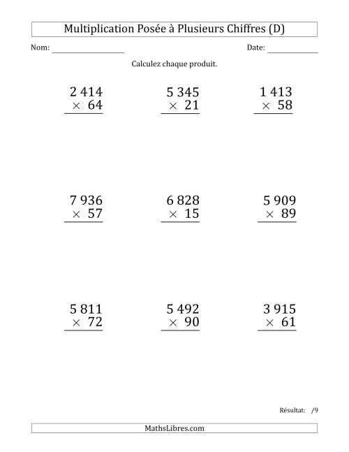 Multiplication d'un Nombre à 4 Chiffres par un Nombre à 2 Chiffres (Gros Caractère) avec une Espace comme Séparateur de Milliers (D)