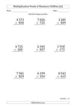 Multiplication d'un Nombre à 4 Chiffres par un Nombre à 3 Chiffres (Gros Caractère) avec une Espace comme Séparateur de Milliers