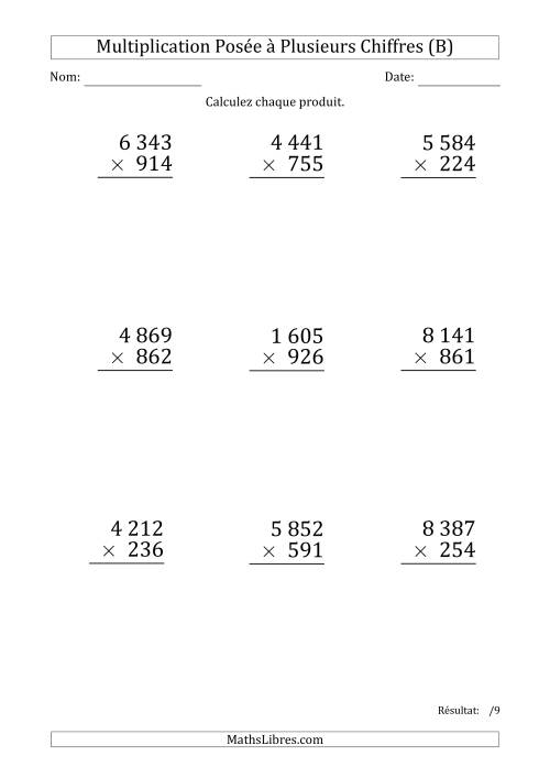 Multiplication d'un Nombre à 4 Chiffres par un Nombre à 3 Chiffres (Gros Caractère) avec une Espace comme Séparateur de Milliers (B)