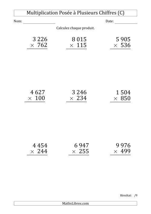 Multiplication d'un Nombre à 4 Chiffres par un Nombre à 3 Chiffres (Gros Caractère) avec une Espace comme Séparateur de Milliers (C)