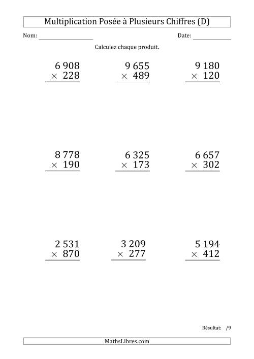 Multiplication d'un Nombre à 4 Chiffres par un Nombre à 3 Chiffres (Gros Caractère) avec une Espace comme Séparateur de Milliers (D)