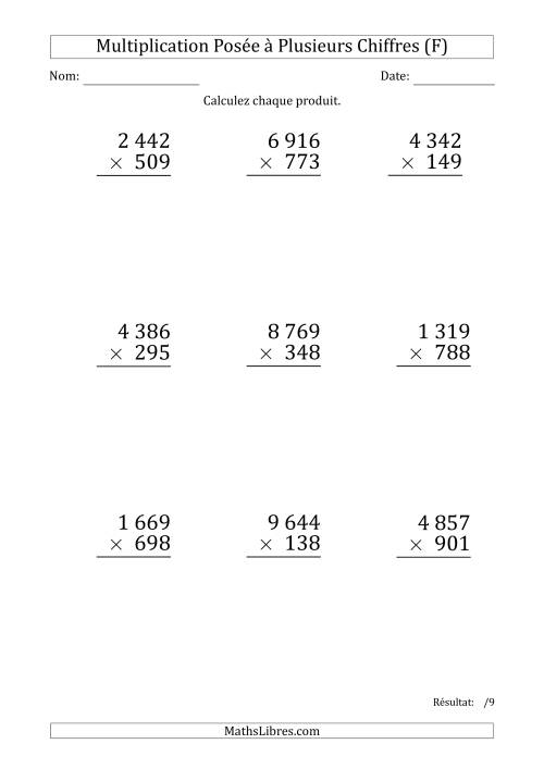 Multiplication d'un Nombre à 4 Chiffres par un Nombre à 3 Chiffres (Gros Caractère) avec une Espace comme Séparateur de Milliers (F)