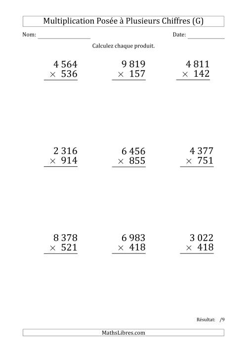 Multiplication d'un Nombre à 4 Chiffres par un Nombre à 3 Chiffres (Gros Caractère) avec une Espace comme Séparateur de Milliers (G)