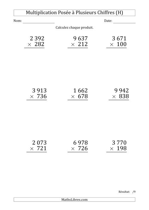 Multiplication d'un Nombre à 4 Chiffres par un Nombre à 3 Chiffres (Gros Caractère) avec une Espace comme Séparateur de Milliers (H)