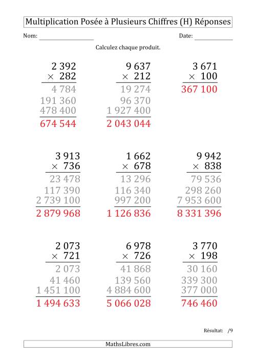 Multiplication d'un Nombre à 4 Chiffres par un Nombre à 3 Chiffres (Gros Caractère) avec une Espace comme Séparateur de Milliers (H) page 2