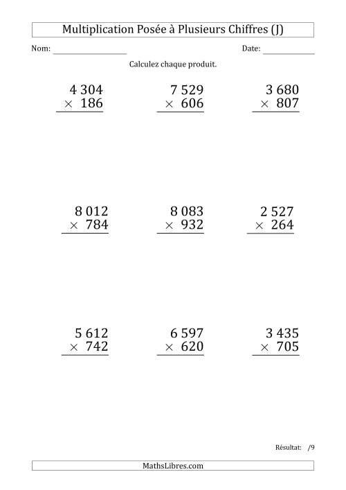 Multiplication d'un Nombre à 4 Chiffres par un Nombre à 3 Chiffres (Gros Caractère) avec une Espace comme Séparateur de Milliers (J)