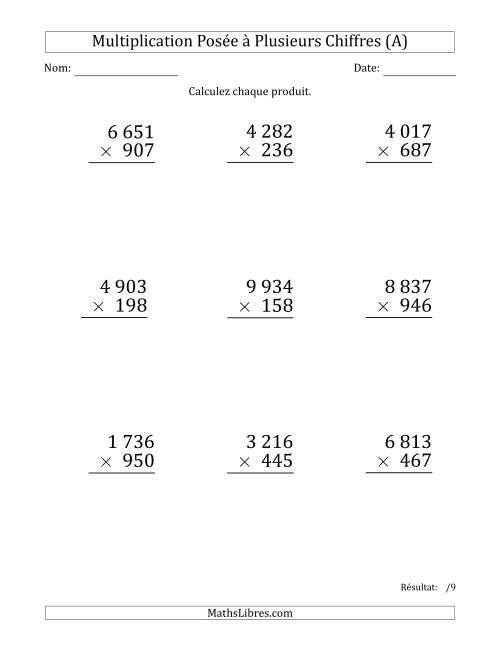 Multiplication d'un Nombre à 4 Chiffres par un Nombre à 3 Chiffres (Gros Caractère) avec une Espace comme Séparateur de Milliers (A)