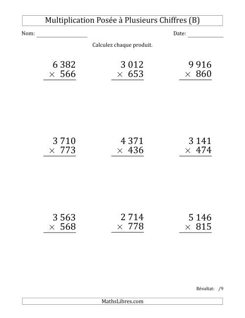 Multiplication d'un Nombre à 4 Chiffres par un Nombre à 3 Chiffres (Gros Caractère) avec une Espace comme Séparateur de Milliers (B)
