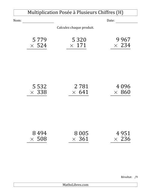Multiplication d'un Nombre à 4 Chiffres par un Nombre à 3 Chiffres (Gros Caractère) avec une Espace comme Séparateur de Milliers (H)