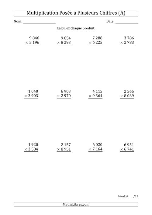 Multiplication d'un Nombre à 4 Chiffres par un Nombre à 4 Chiffres avec une Espace comme Séparateur de Milliers (Tout)