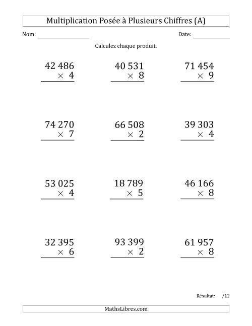 Multiplication d'un Nombre à 5 Chiffres par un Nombre à 1 Chiffre (Gros Caractère) avec une Espace comme Séparateur de Milliers (A)