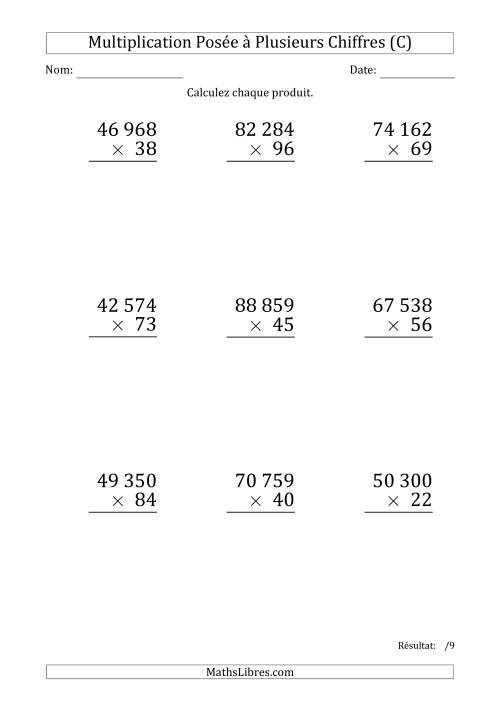 Multiplication d'un Nombre à 5 Chiffres par un Nombre à 2 Chiffres (Gros Caractère) avec une Espace comme Séparateur de Milliers (C)