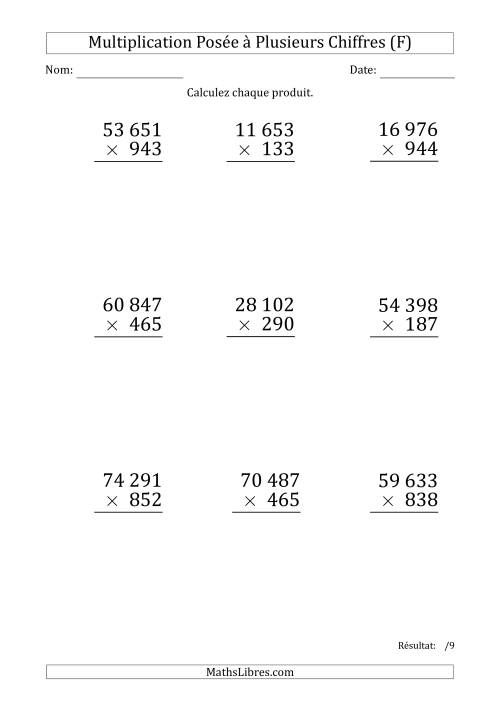 Multiplication d'un Nombre à 5 Chiffres par un Nombre à 3 Chiffres (Gros Caractère) avec une Espace comme Séparateur de Milliers (F)