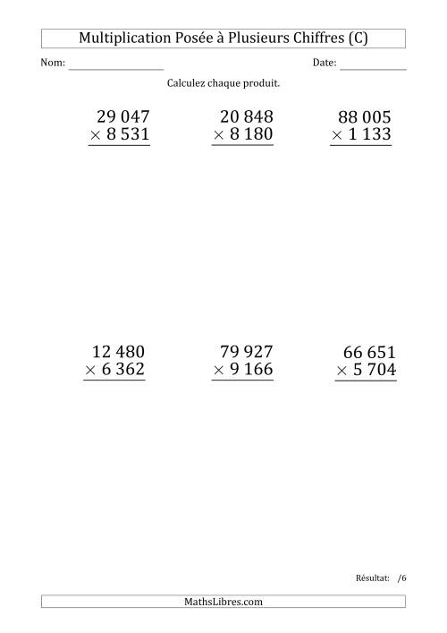 Multiplication d'un Nombre à 5 Chiffres par un Nombre à 4 Chiffres (Gros Caractère) avec une Espace comme Séparateur de Milliers (C)