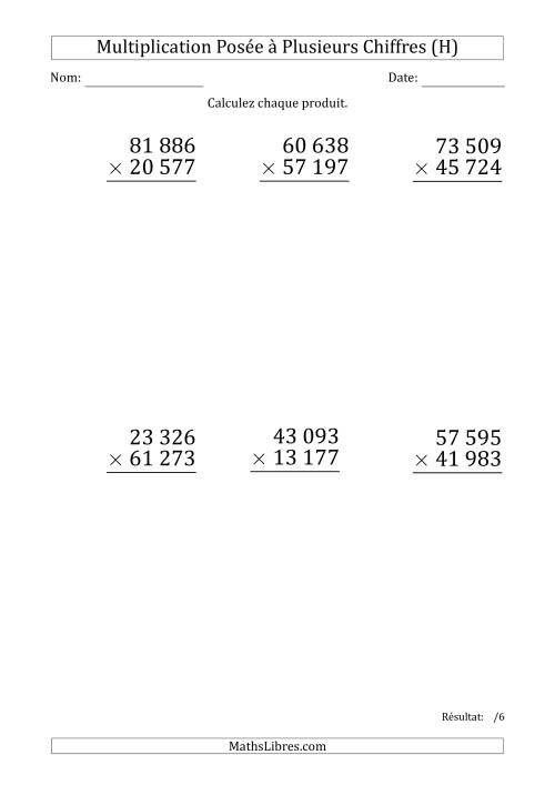 Multiplication d'un Nombre à 5 Chiffres par un Nombre à 5 Chiffres (Gros Caractère) avec une Espace comme Séparateur de Milliers (H)