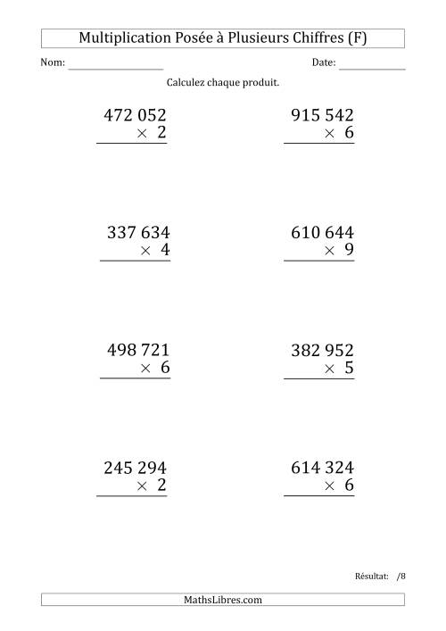 Multiplication d'un Nombre à 6 Chiffres par un Nombre à 1 Chiffre (Gros Caractère) avec une Espace comme Séparateur de Milliers (F)