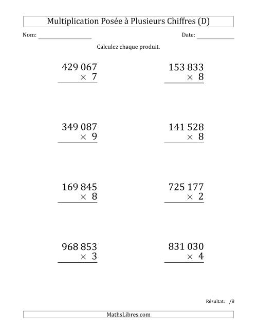Multiplication d'un Nombre à 6 Chiffres par un Nombre à 1 Chiffre (Gros Caractère) avec une Espace comme Séparateur de Milliers (D)