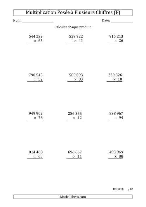 Multiplication d'un Nombre à 6 Chiffres par un Nombre à 2 Chiffres avec une Espace comme Séparateur de Milliers (F)