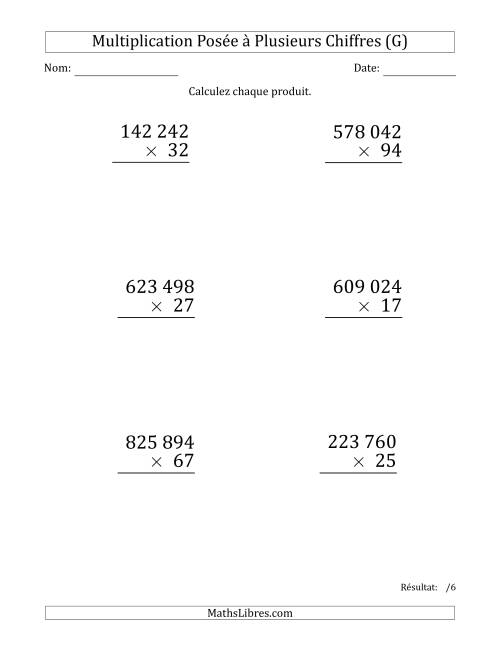 Multiplication d'un Nombre à 6 Chiffres par un Nombre à 2 Chiffres (Gros Caractère) avec une Espace comme Séparateur de Milliers (G)