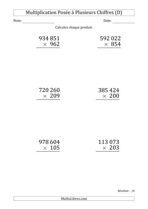 Multiplication d'un Nombre à 6 Chiffres par un Nombre à 3 Chiffres (Gros Caractère) avec une Espace comme Séparateur de Milliers (D)