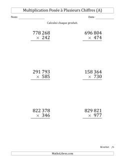 Multiplication d'un Nombre à 6 Chiffres par un Nombre à 3 Chiffres (Gros Caractère) avec une Espace comme Séparateur de Milliers