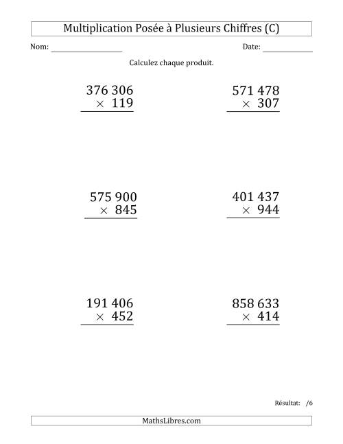 Multiplication d'un Nombre à 6 Chiffres par un Nombre à 3 Chiffres (Gros Caractère) avec une Espace comme Séparateur de Milliers (C)