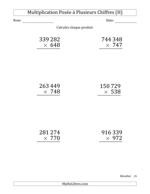 Multiplication d'un Nombre à 6 Chiffres par un Nombre à 3 Chiffres (Gros Caractère) avec une Espace comme Séparateur de Milliers (H)