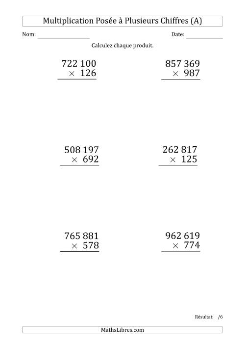 Multiplication d'un Nombre à 6 Chiffres par un Nombre à 3 Chiffres (Gros Caractère) avec une Espace comme Séparateur de Milliers (Tout)