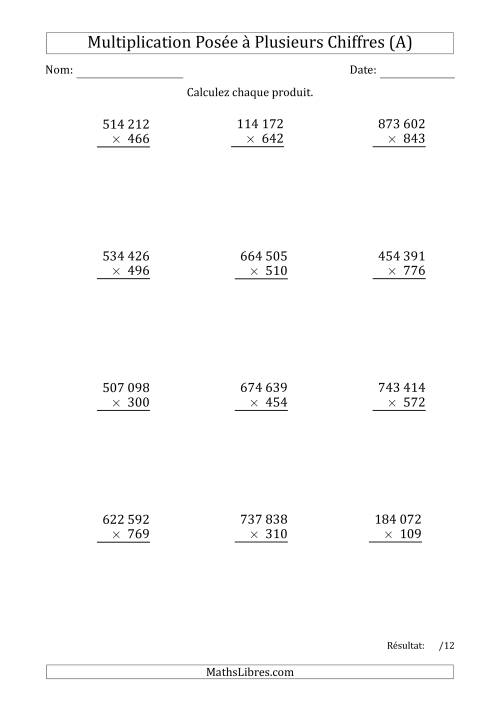 Multiplication d'un Nombre à 6 Chiffres par un Nombre à 3 Chiffres avec une Espace comme Séparateur de Milliers (Tout)