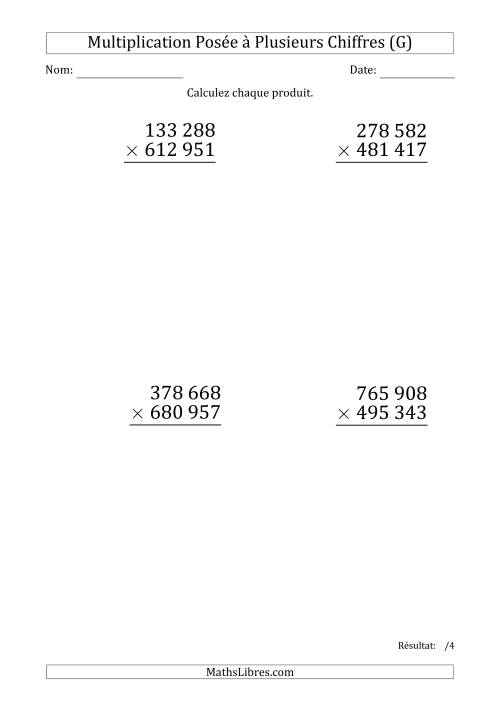 Multiplication d'un Nombre à 6 Chiffres par un Nombre à 6 Chiffres (Gros Caractère) avec une Espace comme Séparateur de Milliers (G)