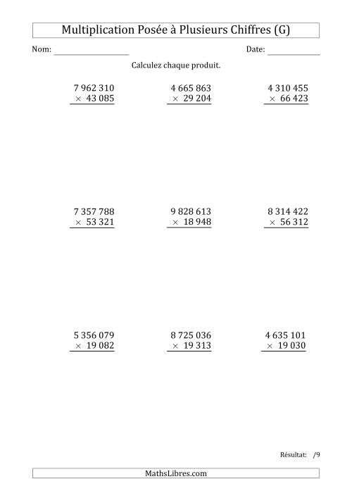 Multiplication d'un Nombre à 7 Chiffres par un Nombre à 5 Chiffres avec une Espace comme Séparateur de Milliers (G)