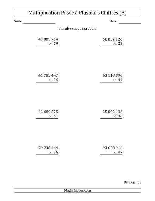 Multiplication d'un Nombre à 8 Chiffres par un Nombre à 2 Chiffres avec une Espace comme Séparateur de Milliers (B)