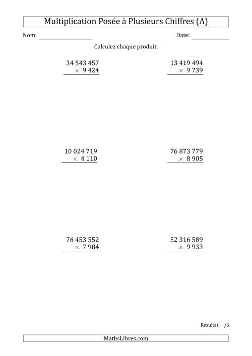 Multiplication d'un Nombre à 8 Chiffres par un Nombre à 4 Chiffres avec une Espace comme Séparateur de Milliers (Tout)