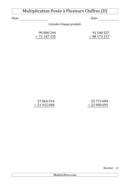 Multiplication d'un Nombre à 8 Chiffres par un Nombre à 8 Chiffres avec une Espace Comme Séparateur des Milliers (D)
